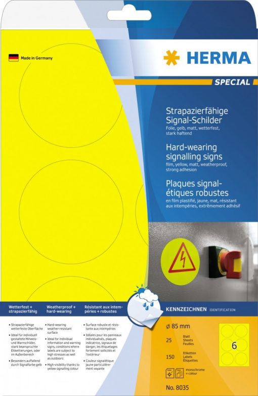 Etikete SIGNAL vodootporne,  O85 A4 1/25 žuta Herma