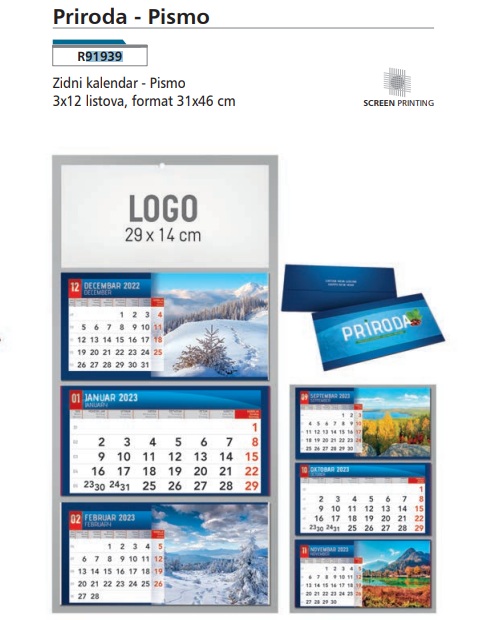 Zidni kalendar trodelni pismo PRIRODA 2025