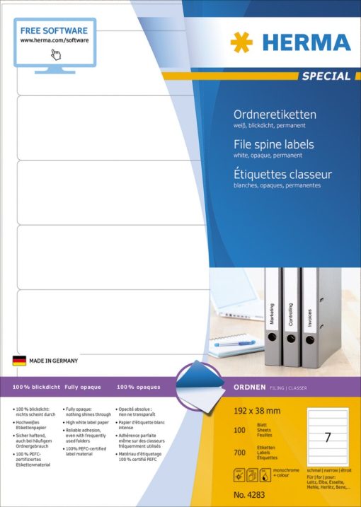 Etikete 192x38, za uski registrator A4/7 1/100 bel Herma