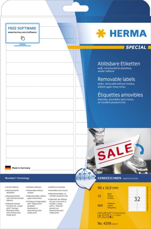 Etikete 96X16,9 A4/32 1/25 removable Herma