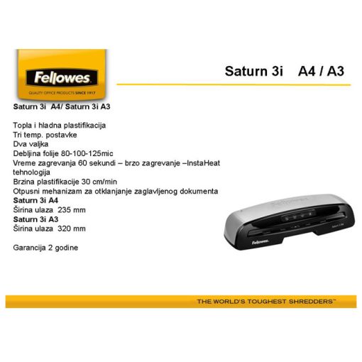 Plastifikator A4 (2valjka) Saturn 3i Fellowes 5724801 - Image 3