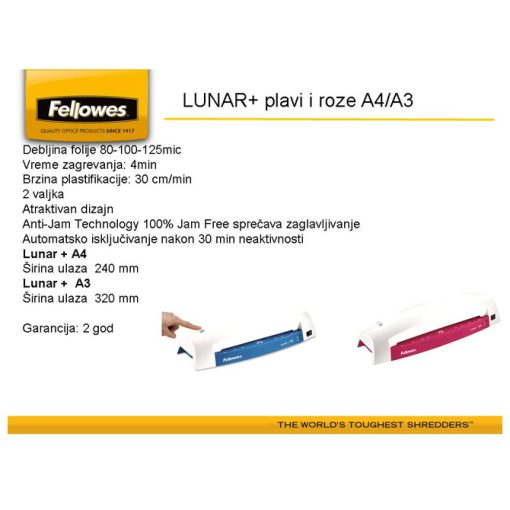 Plastifikator A3 (2valjka) Lunar+ Fellowes 5742701 plavi - Image 2