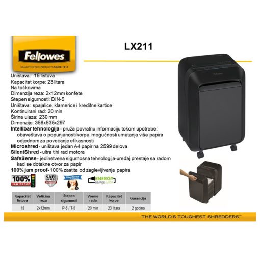 Uništivač dokumentacije (mikro) LX211 Fellowes 5050201 crni - Image 2