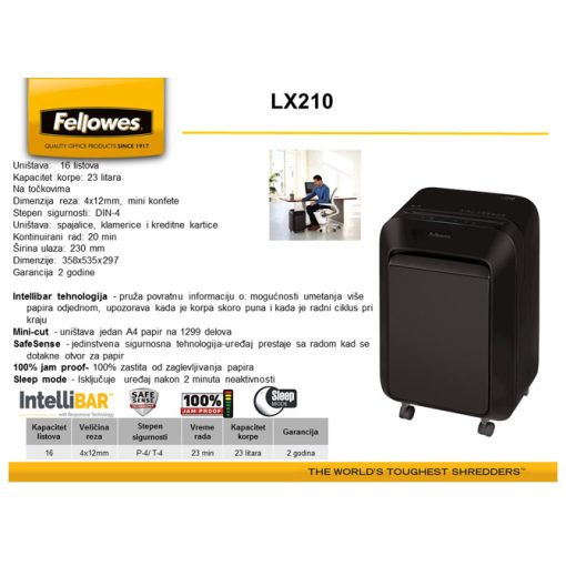 Uništivač dokumentacije (mini) LX210 Fellowes 5502501 crni - Image 2