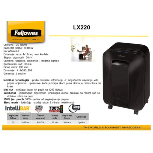 Uništivač dokumentacije (mini) LX220 Fellowes 5502601 crni - Image 3