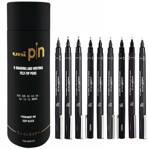 Fine Line Set – 8 finelinera + 1 marker sa brush vrhom (Deep Black) UNI PIN